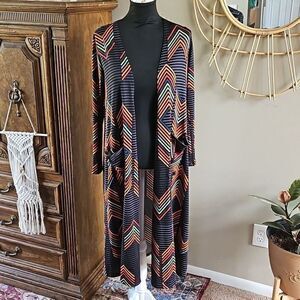 LulaRoe Sarah Open Front‎ Duster Cardigan with Colorful Chevron Stripes Sz S NWT